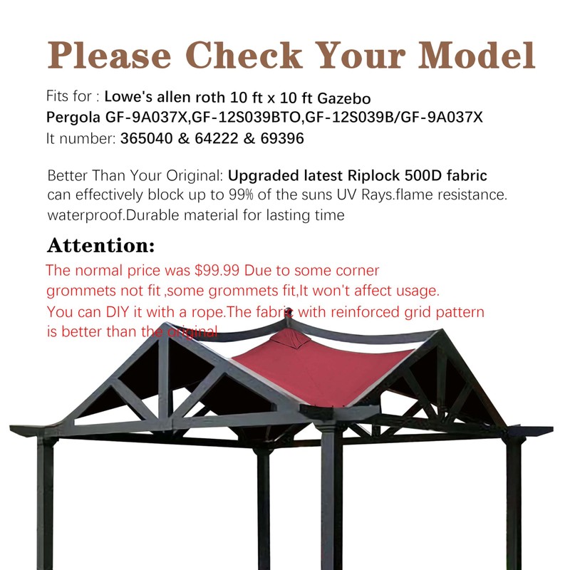 SCOCANOPY Replacement Top Fit for Lowe's Allen Roth 10X10 Ft