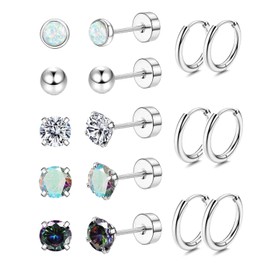 FASHGOOD Surgical Steel Earrings for Women Men Hypoallergenic Stainless Steel Stud Hoop Earring for Sensitive Ears Small Opal Ball CZ Surgical Steel Flat Back Earrings Silver Cartilage Earring Set