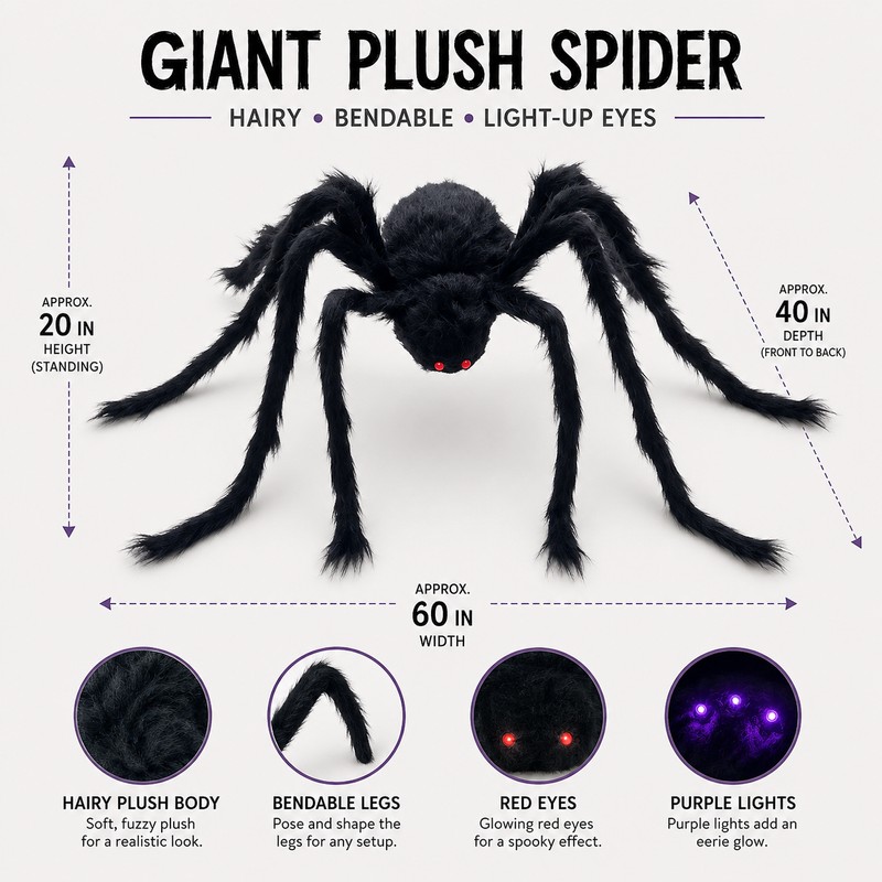 Giant Light-Up Spider for Halloween Decor – Poseable Black Plush