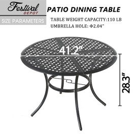 Festival Depot 42.1'' Patio Dining Metal Round Table with 2.04'' Umbrella Hole & Mesh Top Outdoor Furniture for Deck Garden Porch, Black, PF19220