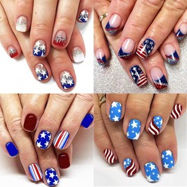 96Pcs 4th of July Press on Nails with Independence Day Design, Fourth of July Manicure Art Acrylic Short Square Fake Nails Stick on Nails Glossy USA Flag False Nails Gel Glue on Nail for Women