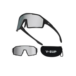 V-SUP Outdoor Lightweight Sport Sunglasses TR90 with Shield Lens (Black Frame Black Temple/Mirror Silver Lens)