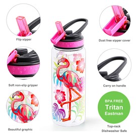 HomTune Cute Water Bottle with Straw for School Kids Girls, BPA FREE Tritan & Leak Proof & Easy Clean & Carry Handle,23oz/ 680ml-Flamingo