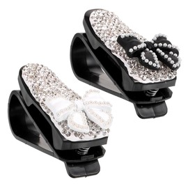 Parliky 2pcs Car Sunglass Holder Visor Clip Rhinestone Eyeglass Hanger for Fit Easy Installation Lightweight Design Black White Bow Prevents Scratches and Loss