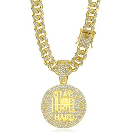 EDINGM Iced Out Cuban Link Chain for Men, Miami Style Silver and Gold Plated Bling Necklace, Diamond Hip Hop Jewelry (Gold Chain+STAY HARD Pendant)