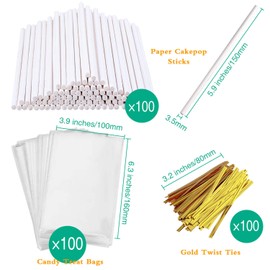 AENTGIU 300 PCS Cake Pop Sticks and Wrappers Kit, Including 100ct 6-inch Paper Lollipop Sticks, 100ct Clear Candy Treat Bags Parcel, 100ct Gold Twist Ties for Cakepop, Lollipop, Hard Candy, Suckers, Chocolate