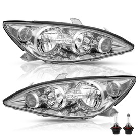 TUSDAR Headlight Assembly Set Compatible With 2005 2006 Toyota Camry LE XLE SE Bulbs Included (Chrome Housing with Clear Reflector)