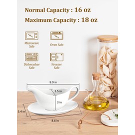 Yedio 18 oz Gravy Boat with Saucer, Large White Ceramic Gravy Boat for Thanksgiving Christmas, Boat and Tray for Turkey Beef Sauce, Salad Dressing, Creamer, Milk, Broth,Microwave and Dishwasher Safe