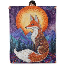 onlcuk Boho Fox and Sun Blanket, Cozy Flannel Sunset Tribal Foxes Throw Blanket, Soft Fuzzy Blankets for Travel Home Decor, All Season Lightweight Couch Bed Cover, Gifts for Women Adults Kids 50"×60"