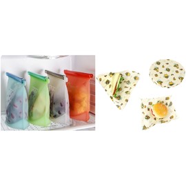 Reusable Silicone Food Storage Bags & Beeswax Wraps Set (4 Bags: 500ml/1L/1.5L/3L + 3 Wraps) - Food Grade, BPA Free