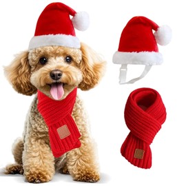 Juego de sombrero y bufanda de Navidad para perros pequeños, cachorros, gatos, 2 piezas ajustables de Navidad para perro de Papá Noel y bufanda de punto para perro, disfraz de Navidad para perro de