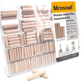 260 Pcs Wooden Dowel Pins, 1/4 inch, 5/16 inch, 3/8 inch Fluted Wood Dowels Rods , Hardwood Pegs with Beveled Grooves for Strong Jointing, Woodworking Tools Kit for Crafts, Furniture, Carpentry