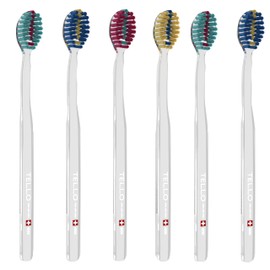TELLO Adult Soft Ortho Toothbrush for Gentle Cleaning with Ergonomic Handle, Made in Switzerland, Colors Vary, 6-Pack