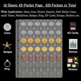 Ettonsun 10 Sheets 42-Pocket Coin Collecting Pages Coin Sleeves, Binder Inserts Coin Pocket Pages Collecting Sleeves for Most Coin Collection Holder Book Album
