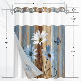 Nesphy No Hook Vintage Farmhouse Shower Curtain with Snap in Fabric Liner Set, Blue Daisy Flowers and Butterfly on Wooden Double Layers Waterproof with See Through Top Bath Curtain 71x74 Inch