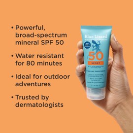 Blue Lizard Sport Mineral SPF 50 Lotion, Ideal for Athletes, 100% Mineral Sunscreen Actives, Fragrance-Free, Paraben-Free, Vegan, 3.0 fl oz