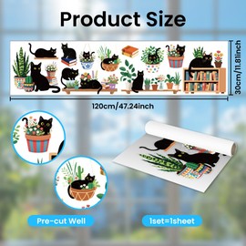 ANATTASOUL Static Window Clings Black Cat 1 Sheet Reusable Window Decals for Glass, 47.24" x 11.8" Removable Double Sided Window Sticker for Room Office Home Decoration