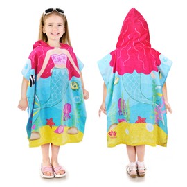 Kato Tirrinia Kids Hooded Poncho Towels, Mermaid Beach Swim Towel for 2 to 7 Years Girls, 100% Cotton Water Absorption Sand Proof Poncho Changing Robe