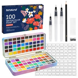 POTTREATIVE Watercolour Paint Set 100 Colours with Portable Case Non-Toxic Watercolour Set Includes Drawing Pen, Brush and Pen for Artists and Hobbyists