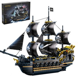 QiqoPoyee Classic Black Pirate Ship Model Building Blocks Set for Adult