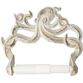 Decorative Cast Iron Octopus Toilet Paper Holder – Wall Mounted Kraken Bathroom Accessory – Nautical Style – Includes Screws and Anchors – Rust White