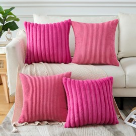 JOTOM Set of 4 Striped Corduroy Throw Pillow Covers 45x45 cm Faux Fur Plush Cushion Covers Couch Sofa Decorative Throw Pillow Case Striped Soft Pillowcase Pillow Covers for Bed Home Decor (Hot Pink)