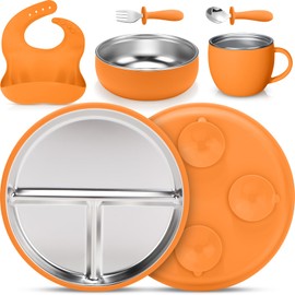 Nuogo 6 Pcs 304 Stainless Steel Kids Plates and Bowls Set 9 Inch Toddle Suction Plates Stainless Steel Bowl and Cup with Removable Silicone Forks Spoons Pocket Bib for Baby Toddle (Orange)