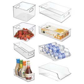 iDesign Fridge Storage Bin Set - Includes Bins with Handles and Water Bottle Holder, Set of 8, Clear