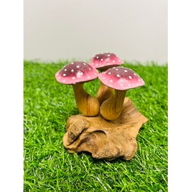 My Square Mile Wooden Mushroom Garden Ornament | Teak Wood For Indoor & Outdoor Use | Hand Carved Garden Sculpture (Purple Short 3 Mushroom)