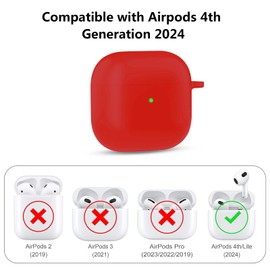 Aircawin for Airpods 4 Case Cover,Shockproof Case for Airpods 4th Generation Case Cover 2024,Premium Silicon Case with Keychain and Cleaing Pen for Wireless Earphones,Headphone Accessories-Red