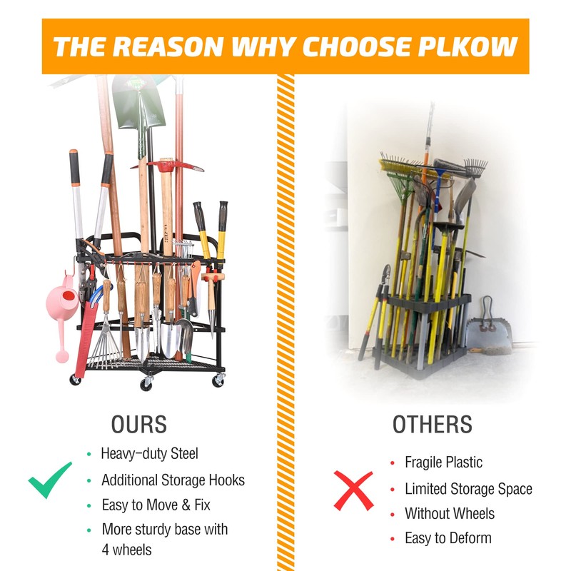 PLKOW Garden Tool Organizer with Wheels and Storage Hooks, Rolling