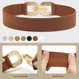 Glamorstar Women Wide Stretchy Belts Elastic Waist Belts for Dresses Pure Brown Band Gold 65cm/26in