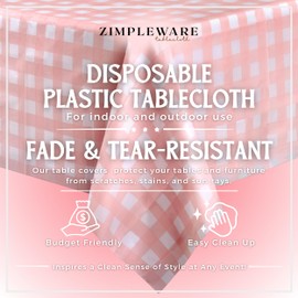ZIMPLEWARE Premium Pink Gingham Checkered Plastic Table Cloth Disposable (6 Pk) Plastic Tablecloths for Rectangle Tables (54in x 108in) Party Table Cloths Disposable for 6ft to 8ft Rectangle Tables