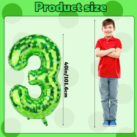 Pixel Number Balloons, 40 Inch Green Large Foil Balloons Game Theme Party Decorations for Anniversary Birthday Kids Boys Girls (Number 3)