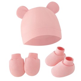 Lokorus Newborn Beanie Hats Mittens Foot Cover Set Autumn/Winter Newborn Cotton Baby Caps Gloves Foot Covers Set for Unisex Infants Pink