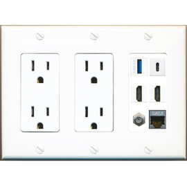 RiteAV USB 3 USB C 2 HDMI Coax Cat7 Wall Plate - 3G Dual Outlet [White/White]