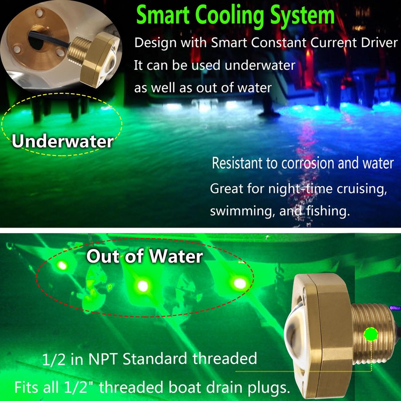 NBWDY Green Boat Drain Plug Light,IP68 Underwater Boat Lights with