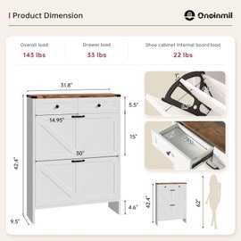 oneinmil Shoe Storage Cabinet, Farmhouse Shoes Organizer Cabinet with 2 Flip Drawers & 2 Sliding Drawers, Freestanding Narrow Shoe Rack Cabinet for Entryway, Hallway, Living Room, White