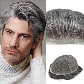 Hombres Tupé for hombres Sistema de cabello humano Postizos Encaje suizo completo for 8 x 10 "Prótesis masculino transpirable 1B Pelucas blanco mixto 65% gris Postizo(Straight Hair 1B65,100%)