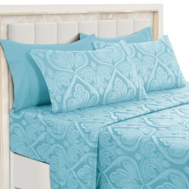 LUX Decor Paisley Full Sheet Set, 6 PC Soft Microfiber Wrinkle Free Sheets - Luxurious Printed Bed Sheets Includes Flat Sheet, Fitted Sheet with Deep Pockets, & 4 Pillowcases - Blue