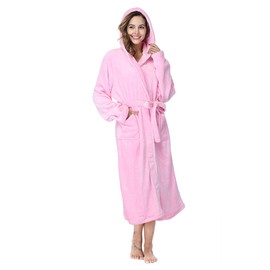 RONGTAI Womens Long Robes Plush Fleece Pink Nightgown Thick Hooded Bathrobe with Pockets Fluffy Sleepwear for Spa X-Large