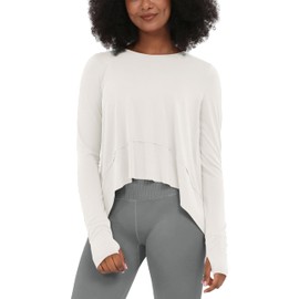 ODODOS Long Sleeve Tee for Women with Thumb Hole Athletic Gym Workout Crop Tops Yoga Shirts, Ivory, Large