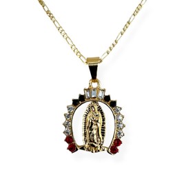 Our Lady of Guadalupe Virgin Mary Tri-Color Horseshoe Gold Plated Pendant Charm with Rhinestones Necklace Cadena Collar Chapa de Oro Religious Gift