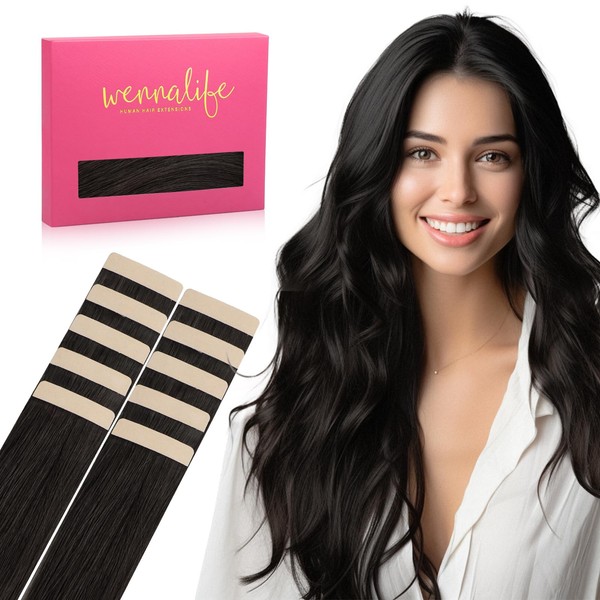WENNALIFE Tape Extensions Real Hair Natural Black 10 Pieces Tape-In