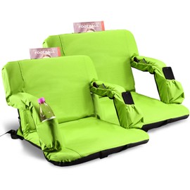 Stadium Seats for Bleachers with Back Support and Thick Padded Cushion, 24" Large Portable Reclining Folding Chair with Optional Arms, 4 Pockets and Shoulder Straps, Green, 2PCS