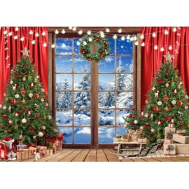 SJOLOON Christmas Backdrop Wood Floor Christmas Tree Backdrop Windows Snow Backdrop for Christmas Party Decoration Studio Props 12589 (7x5FT)