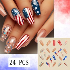 24Pcs Independence Day Glitter Stars Press on Nails Medium Square 4th of July Nude Fake Nails American Flag Design False Nails Full Cover Stick on Nails Memorial Day Nails for Women Nail Decoration
