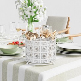 EKNITEY Rotating Utensil Caddy Holder - Higher Raised Cutlery Caddy Countertop - Metal Silverware Caddy Organizer with 4 Compartment for Kitchen Counter Party Office White