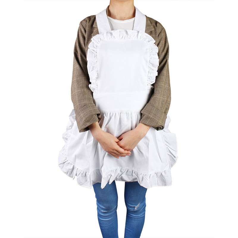 White Cotton Women Maid Apron Ruffle Hem Kitchen Solid Color