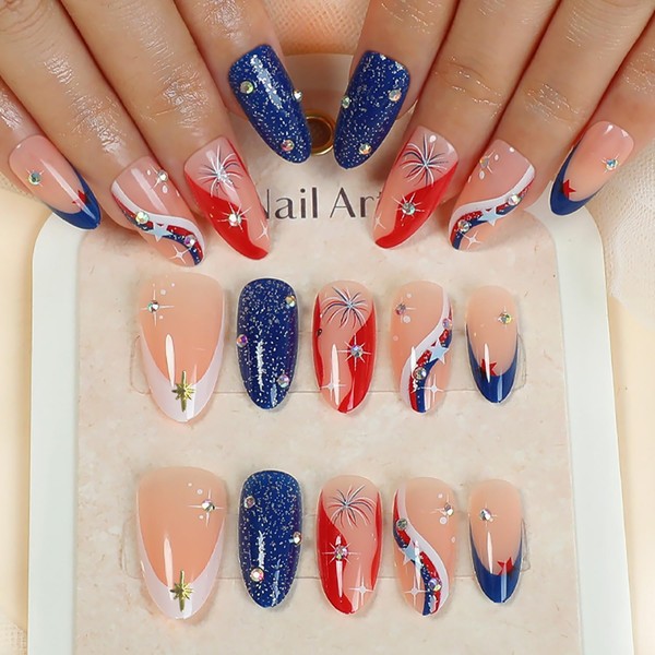 30Pcs 4th of July Press on Nails Medium Almond Handmade